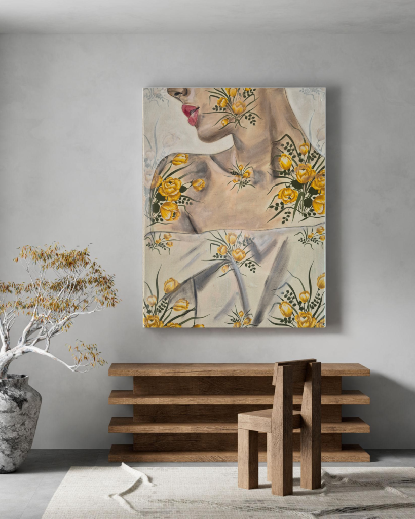 Sensual confidence 80cm x60cm 
Sensual Confidence vangt de stille kracht van vrouwelijkheid in haar puurste vorm. Een half ontblote schouder en subtiele tattoos symboliseren kwetsbaarheid én zelfvertrouwen, terwijl de zachte belichting de schoonheid van aanwezigheid benadrukt. Een ode aan het lichaam als expressie van innerlijke kracht en vrijheid.