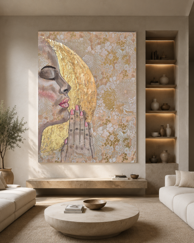 Your inner peace 80cm x 60cm 
Inner Peace vangt de schoonheid van stilte en overgave. De gevouwen handen symboliseren vertrouwen, terwijl de gouden accenten herinneren aan het licht en de kracht die in ieder mens aanwezig zijn. Een ode aan balans, zelfliefde en de rust die ontstaat wanneer je thuiskomt bij jezelf.